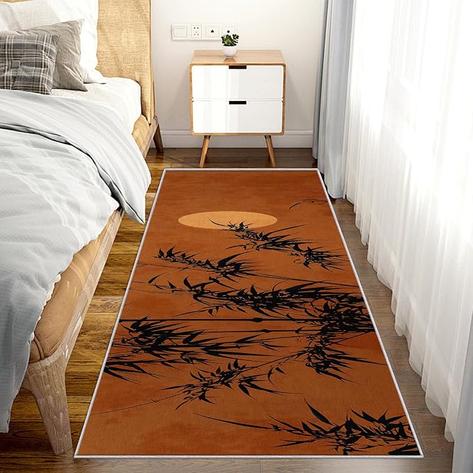 Oriental Bamboo Runner Rug 3x12, Full Moon Sunset Design, Asian Zen Nature Area Rug, Washable Carpet Runner for Bedroom, Standard Hallways, Kitchen Walkway, Dining Room Sideboard