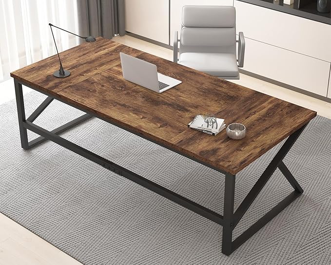 HSH Large Rustic Brown Computer Desk, 70 Inch Home Office Metal Wood Desk for 2 Person, Farmhouse Extra Long Writing Study Gaming Table, Bedroom Living Room PC Laptop Dual Monitor Desk