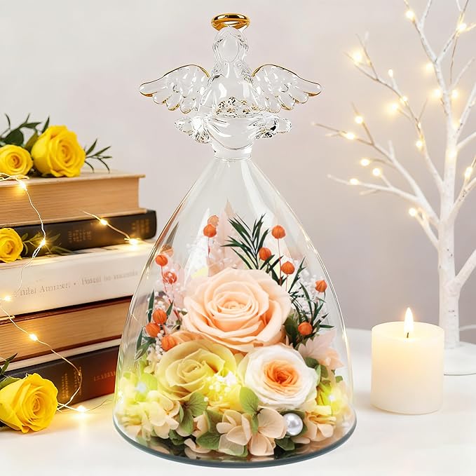 Christmas Rose Gifts for Women, 7" Champagne Preserved Roses Flowers in Glass Angel Figurine, Birthday Gift for Mom Wife Grandma, Eternal Rose for Mothers Day Valentines Anniversary