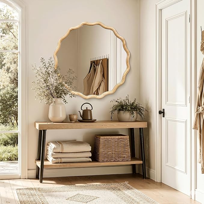 Circle Wood Mirrors for Wall, Wavy Round Bathroom Scalloped Mirror Wooden Frame 30 Inch for Living Room Farmhouse Bedroom Hallway Entryway Living Room with Shatterproof Glass Wall Mounted