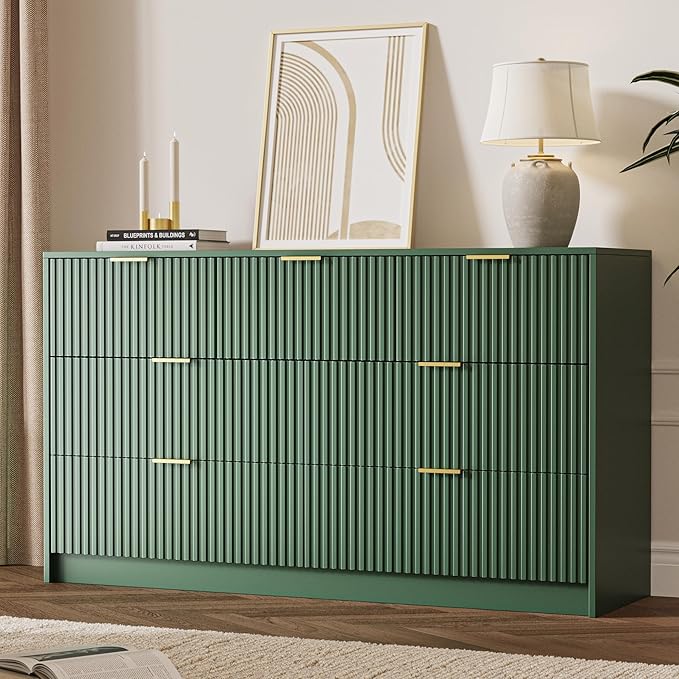 3-Piece Dresser Bedroom Set, 7 Drawer Dresser & 3 Drawer Nightstands with Gold Handles, Fluted Wood Chest of Drawers for Bedroom, Living Room, Entryway, Green