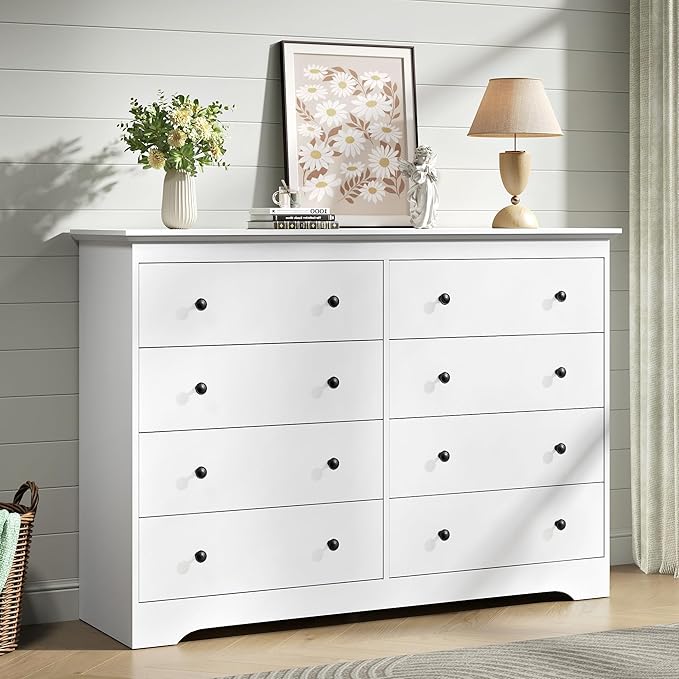 White Dresser for Bedroom，55" Wide 8 Drawers Dressers,Modern Wooden Chest for Living Room, Hallway