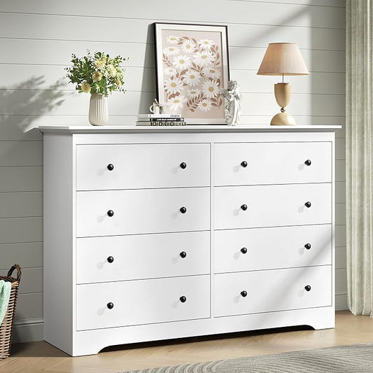 White Dresser for Bedroom，55" Wide 8 Drawers Dressers,Modern Wooden Chest for Living Room, Hallway