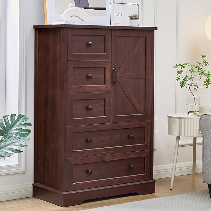 SOOWERY Dresser for Bedroom, Farmhouse Dresser with 5 Wooden Drawers and Storage Cabinet, 48 Inches Tall Chest of Drawers for Bedroom, Living Room, Hallway, Dark Cherry