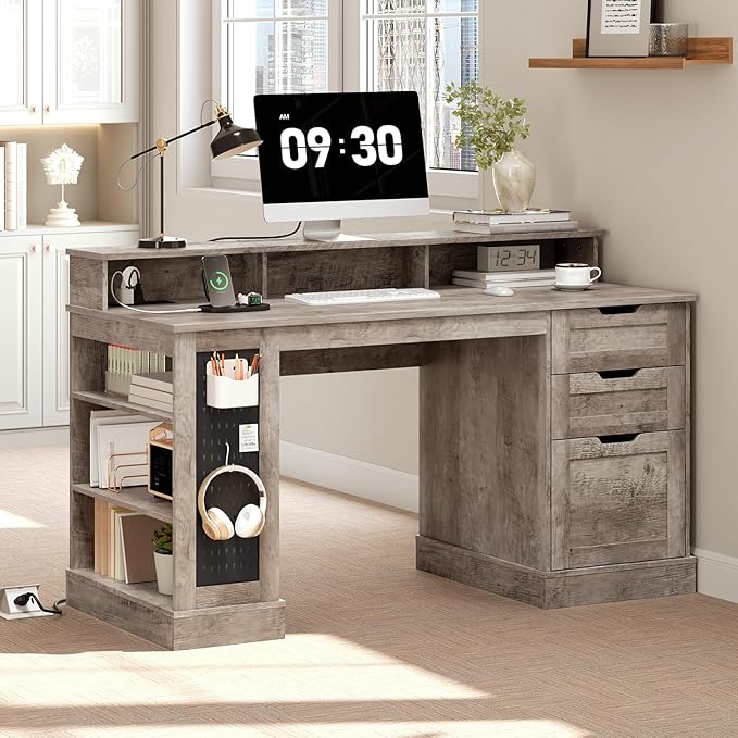 55-Inch Farmhouse Executive Desk with 2 Drawers and File Cabinet, Computer Desk with 3-Tier Storage Shelves, Home Office Desk with Charging Station, Pegboard and Monitor Shelf, Gray