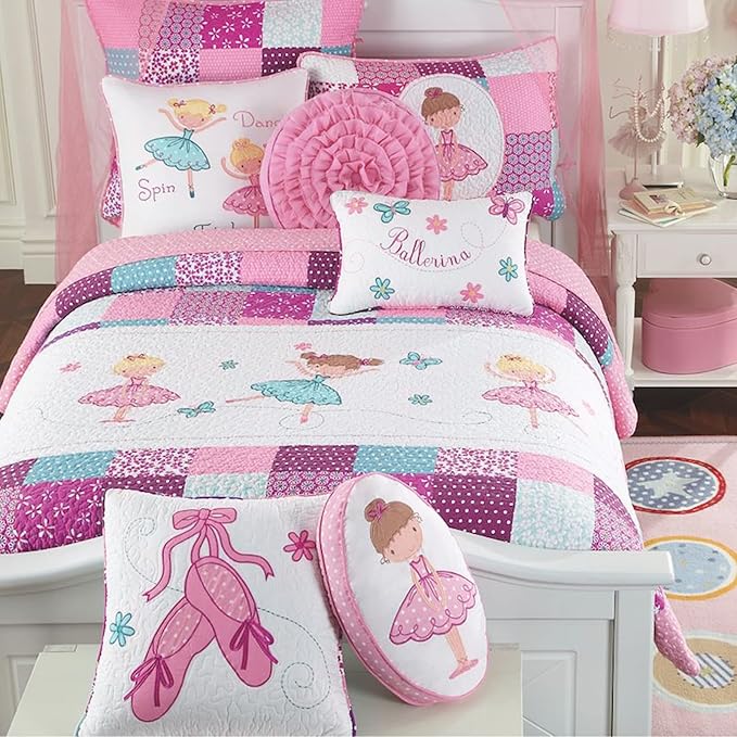 Cozy Line Home Fashions 7 Piece Twin Size 100% Cotton Pink Girl Reversible Bedding Quilt Set, Bedspread Coverlet for All Seasons (Ballerina Dance Princess, Twin - 7 Piece)