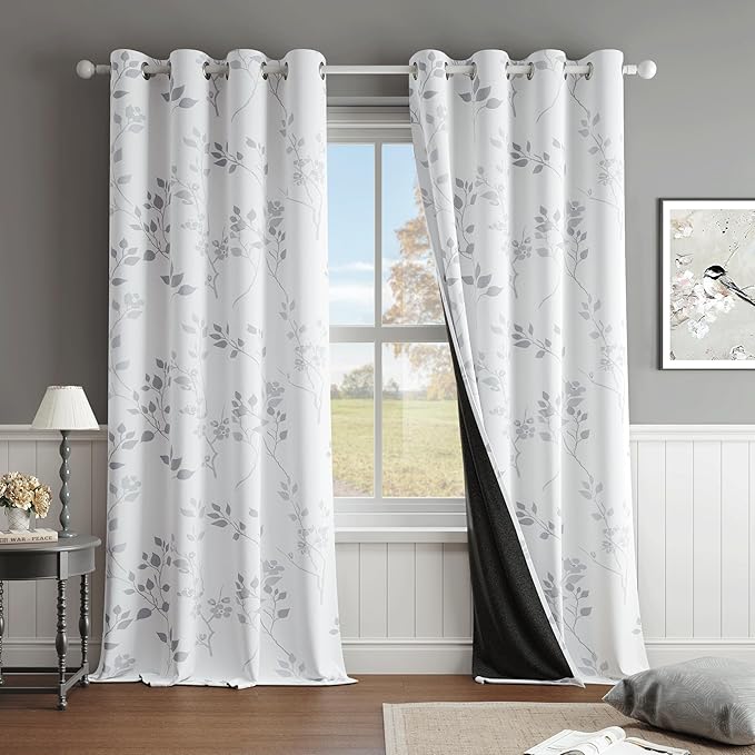 Beauoop Floral 100% Blackout Curtains 108 Inches Long 2 Panels for Bedroom Living Room Grey White Flower Patterned Room Darkening Thermal Insulated Soundproof Grommet Window Treatments Drapes, 52X108