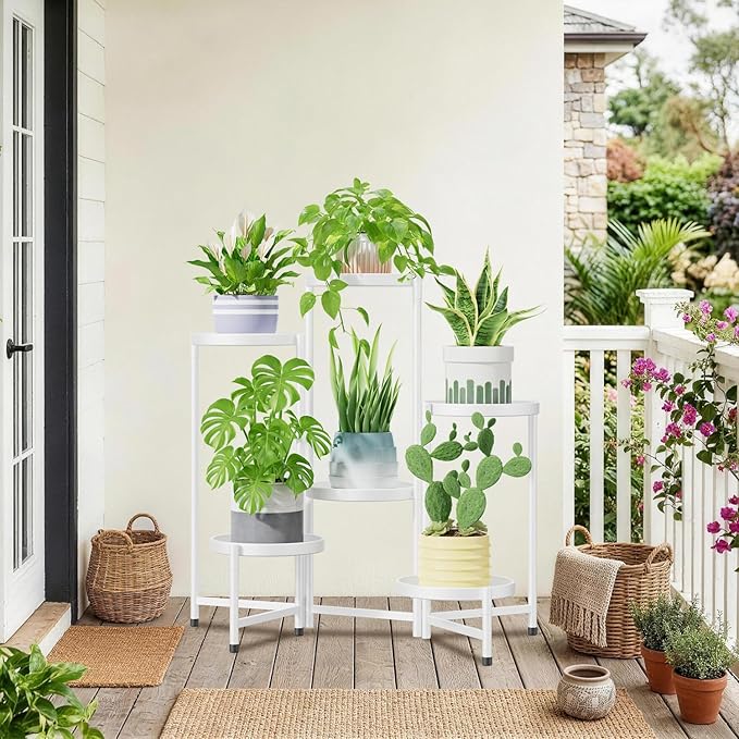 iDavosic.ly 6 Tier Large Plant Stand Indoor with 10 Inch Wide Tray, Tiered Corner Metal Outdoor Flower Display Holder Shelf, Folding Tall Rack for Patio Porch Living Room, White