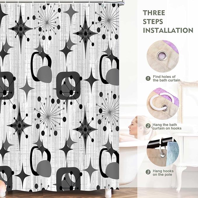 Mid Century Shower Curtain, 72x72inch, Modern Abstract Retro Grey Striped Geometric Shower Curtain Sets 1950s Boho Bathroom Shower Curtain with 12 Hooks