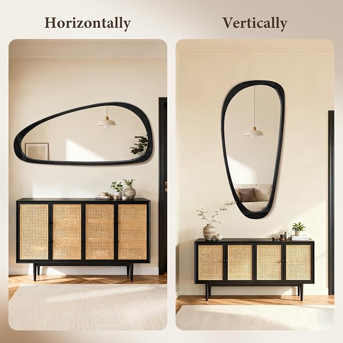 48''x22'' Asymmetrical Mirror with Wood Frame Black, Small Irregular Wall Mirror Odd Shaped, Mid Century Modern Mirror Decor for Bedroom Living Room Entryway Hall