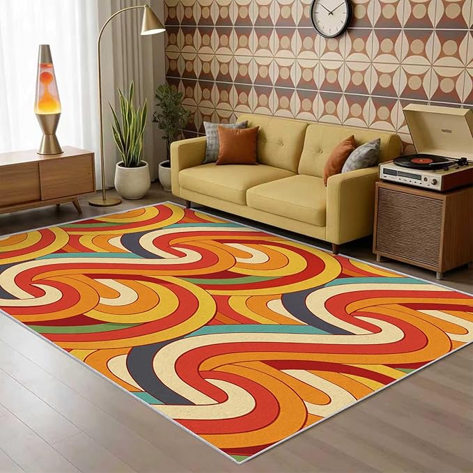 70s Retro Rug 6x8 Abstract Striped Groovy Hippie Pattern Area Rugs for Living Room, Bedroom, 70s Retro Home Decor Accessories Indoor Carpet, Non Slip & Machine Washable, GD0328