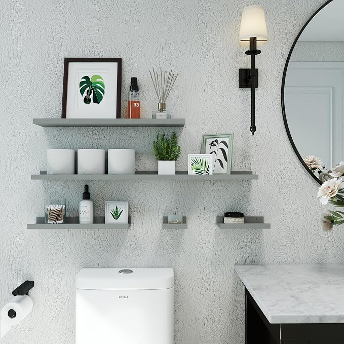 Small Floating Shelves for Wall Decor, Wall Mounted Wood Shelf for Bedroom, Living Room, Bathroom, Kitchen, Nursery, Mini Display Ledge Shelf with Lip Set of 2-4 Inches, Grey
