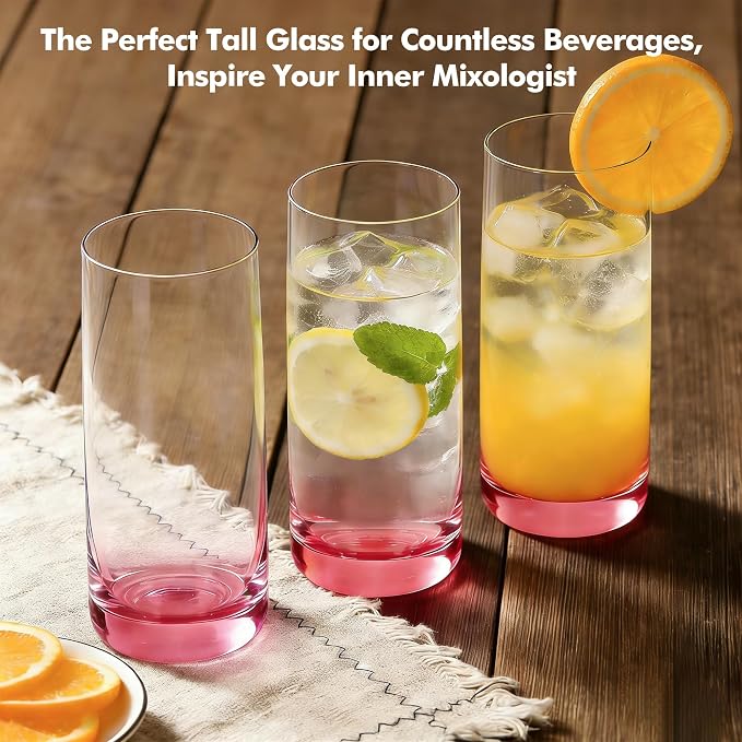 Pink Highball Glasses Set of 6,13oz Pink Drinking Glass Cups for Mixed Drink Cocktail, Beer, Mojito, Water and Juice,Thick Tall Crystal Glassware for Kitchen, Restaurant, Home Bar and Parties