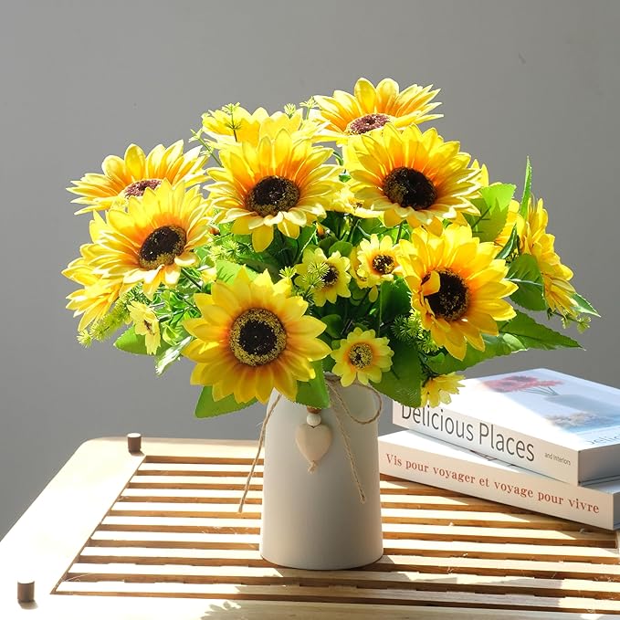 Artificial Sunflower Arrangement in Cream Vase, Silk Fake Flowers in Vase with Jute Rope & Heart Charm, Table Centerpieces for Dining Room, Kitchen and Table Décor