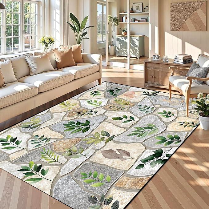 6'x9' Optical Illusion Rug 3D Stone Floor Mat Green Leaf Botanical Area Rug Rustic Nature Washable Carpet for Bedroom Living Room Kitchen Nursery Playroom Home Decor
