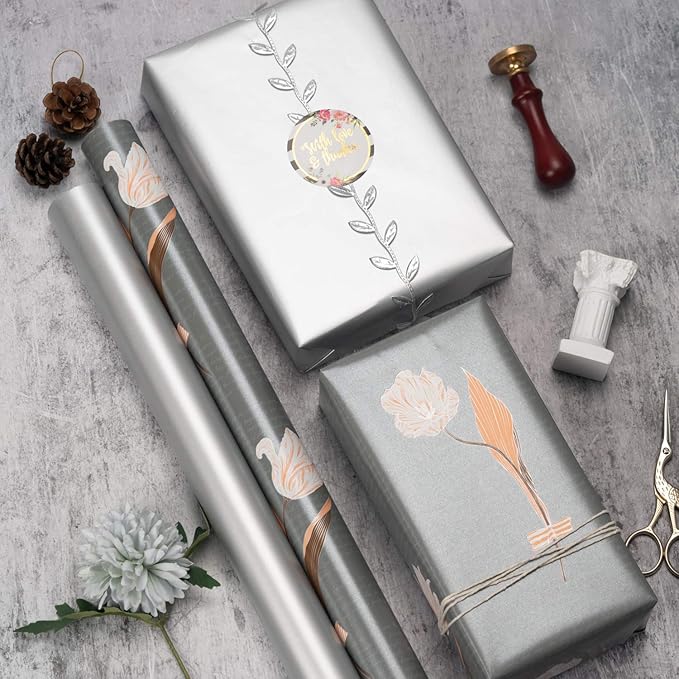 MAYPLUSS Wrapping Paper Roll - 3 Mini Roll - 17 in X 120 in Per roll - Sliver Floral, Silver Elegant Wrapping Paper for Girl,Women Wedding Party Birthday,Valentine's Day,Mother's Day