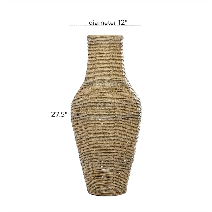 Deco 79 Faux Seagrass Handmade Tall Woven Floor Vase, 12" x 12" x 28", Brown