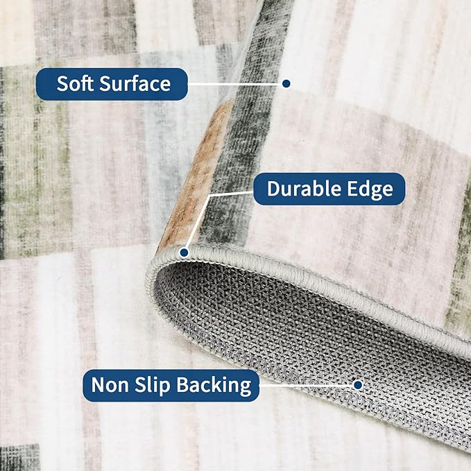 Washable Area Rugs 9 x 12 Rug for Living Room Geometric Modern Rug Non Slip Throw Rugs Large Bedroom Rugs Low Pile Stain Resistant Carpet for Dining Room Nursery 9'x12' Khaki&Grey