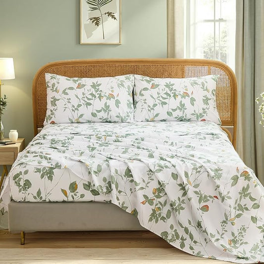 100% Cotton Sheets Set Queen Size – 4 Pieces Luxury Breathable Percale Cotton Bedding with Deep Pockets, Crisp Cool Feeling, Soft&Durable, Refined Botanical Elegance, Green Floral Bed Sheets