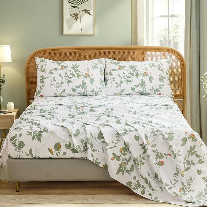 100% Cotton Sheets Set King Size – 4 Pieces Luxury Breathable Percale Cotton Bedding with Deep Pockets, Crisp Cool Feeling, Soft&Durable, Refined Botanical Elegance, Green Floral Bed Sheets