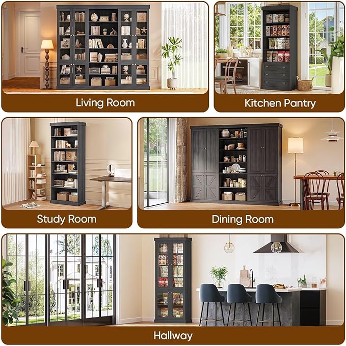 Vyre 70.8" Tall Bookshelf with Doors, Farmhouse Modular Bookcase with 4-Tier Adjustable Shelves, Large Storage Cabinet for Home Office, Living Room, Black, Set of 3