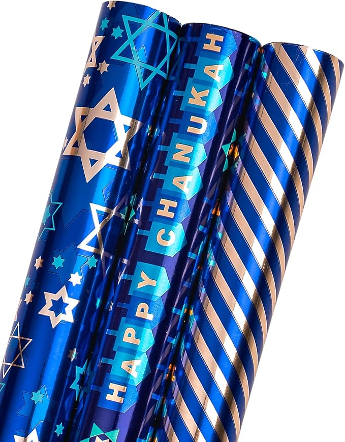 MAYPLUSS Wrapping Paper Roll - Mini Roll 17in *120in Per roll 3 Rolls Gift Wrapping Paper Hanukkah Design,Menorahs, Star of David, Letter Hanukkah for Chanukah Celebration (42.3 sq.ft.ttl)