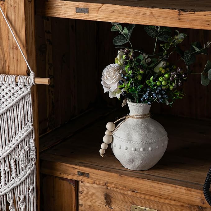 Rustic Ceramic Vase with Boho Wooden Beads, Matte Decorative Pottery for Modern Farmhouse and Bohemian Decor, Floral Arrangements, Living Room, Dining Table Centerpieces