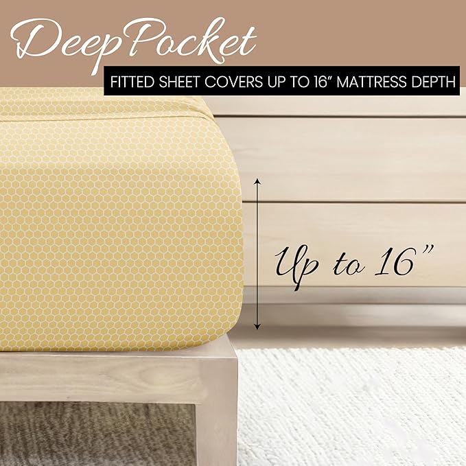 Linen Market Patterned Microfiber Queen Sheet Set 4 Piece – Oeko-TEX Certified Ultra Soft & Wrinkle-Free - 16" Deep Pocket Sheets - Easy Care Queen Size - Honeycomb Yellow