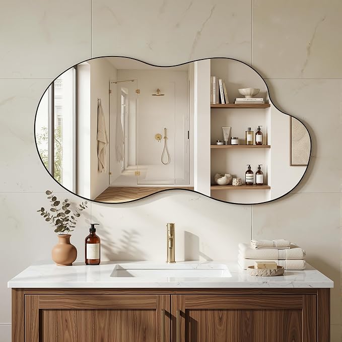 Irregular Wall Mirror, 26"x48" Asymmetrical Mirror with Metal Frame, Modern Unique Decorative Mirrors for Bathroom, Wall Decor, Entryway, Living Room, Black