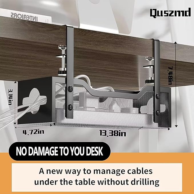 2 Pack Under Desk Cable Management Tray, 13.38" Cable Organizer No Drill, Quszmd Standing Cord Organizer and Wire Management - Black