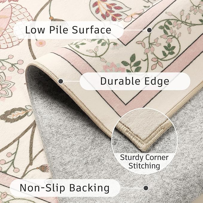 DCX Pink Vintage Floral Area Rug 6x9, Machine Washable Botanical Bird Rug Non Slip Soft Low Pile Large Carpet for Living Room, Bedroom, Dining Room, Home Office