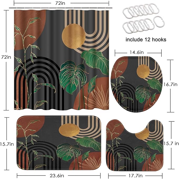 Brown Boho Mid Century Shower Curtain Set with Toilet Lid Cover and Non-Slip Rugs, Abstract Retro Grey Background 4 Pcs Modern Minimalist Aesthetic Shower Curtain for Bathroom Set with 12 Hooks