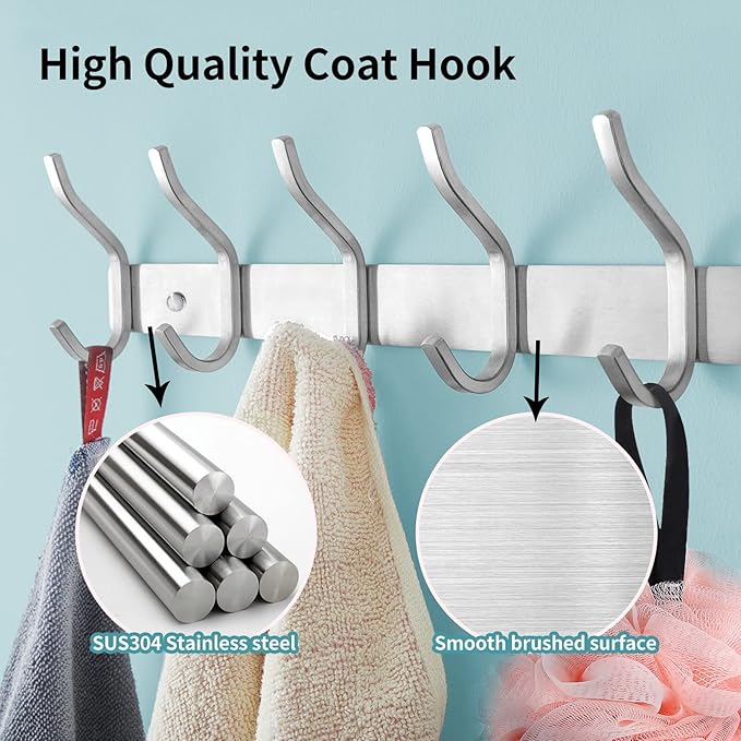 HAMUTH Wall Hooks Heavy Duty, 17 Inch Coat Rack Wall Mount with 6 Hooks,Silver Wall Hooks Hangers for Entryway, Bathroom - for Hanging Backpack, Bag, Coat, Purse, Hat, Towel, Clothes,2 Packs