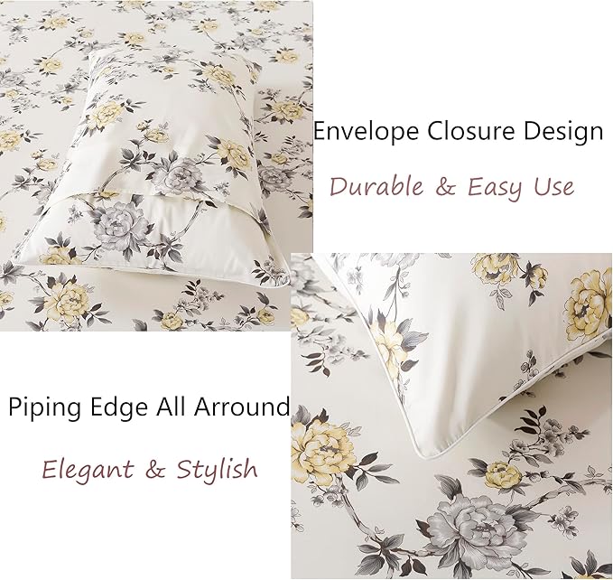 FADFAY Floral Sheets Set Full Vintage Rose Floral Bedding Shabby Grey and Yellow Peony Sheets Farmhouse Bedding 800 Thread Count 100% Egyptian Cotton Soft Deep Pocket Fitted Sheet 4Pcs, Full Size