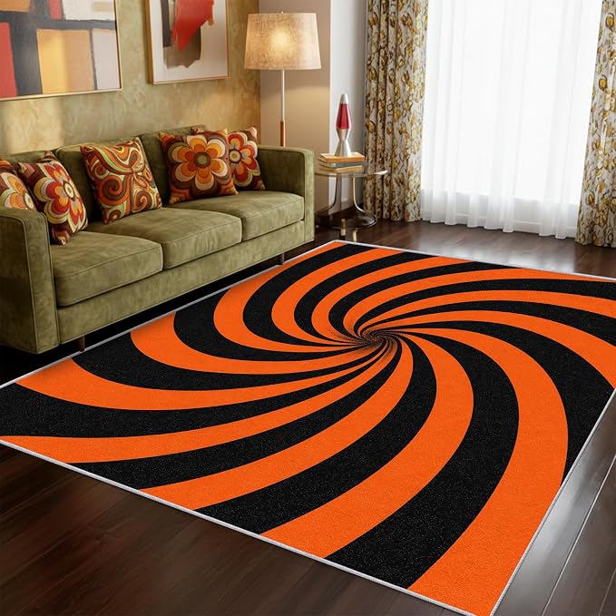 70s Rug Large 7x10 Swirl Abstract Black Orange Striped Pattern Area Rugs for Living Room, Bedroom, 70s Home Decor Accessories Indoor Carpet, Non Slip & Machine Washable, GD0381