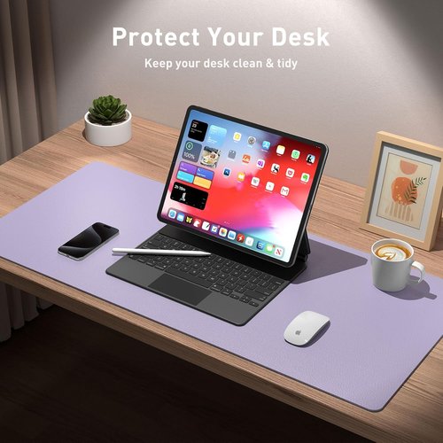Aothia Leather Desk Pad Protector - Large Non-Slip PU Leather Mat | Waterproof Writing Pad (23.6" x 13.7", Lavender)