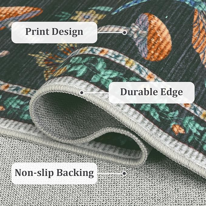 5x7 Washable Mushroom Floral Small Rug Non Slip Living Room Vintage Area Rug Low Pile Soft Bedroom Rugs Non Shedding Kitchen Rugs Boho Retro Indoor Carpet for Kids Nursery Room, Black