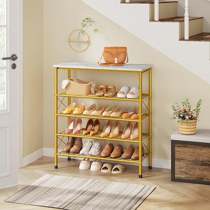 Tajsoon 5 Tier Shoe Rack Organizer for 16-20 Pairs of Shoes, Metal Mesh Shoe Shelf for Closet, Industrial Shoe Rack for Entryway Shoe Storage with X Shape Fixed Frame, White & Gold
