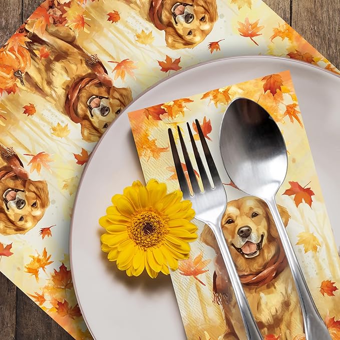 100pcs Maple Leaves Golden Retriever Napkins 3-Ply Thanksgiving Napkins for Decoupage Disposable Guest Hand Towels for Bathroom Home Kitchen Table Harvest Party