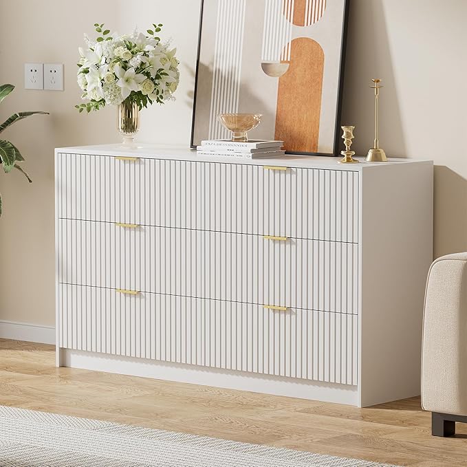 White Dresser for Bedroom, Modern Dresser with 6 Drawers and Smooth Slides, Wide Chest of Drawers with Golden Handles for Bedroom, Living Room, Closet, 15.7" D x 55.1" W x 31.4" H