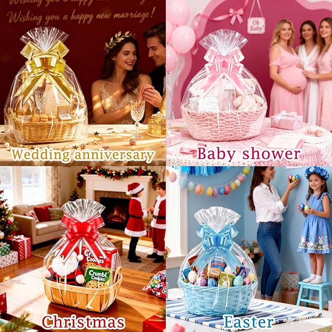PigPotParty 16"x24" Clear Cellophane Gift Bags - Includes Pink Bows – 10 Pack Cellophane Wrap for Gift Baskets, Plastic Gifts Bags for Girl's Birthday, Baby Shower, Wedding, and Bridal Shower