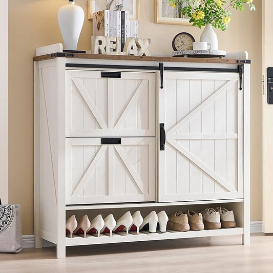 OKD Shoe Storage Cabinet with 2 Flip Drawers & Sliding Door, Farmhouse Entryway Shoe Organizer, Freestanding Rustic Hidden Shoe Rack Cabinet for Entryway, Antique White