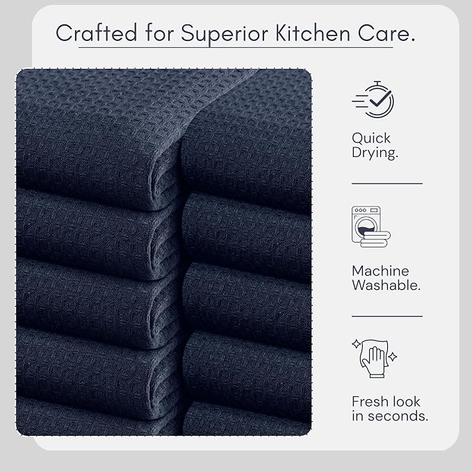 TWINY threads Waffle Kitchen Towel Set of 6, 16x26 Inches, Premium Large 100% Cotton Dishcloths with Hanging Loop, Absorbent, Quick Drying Cloths for Drying Dishes, Washable, Reusable, Navy Blue