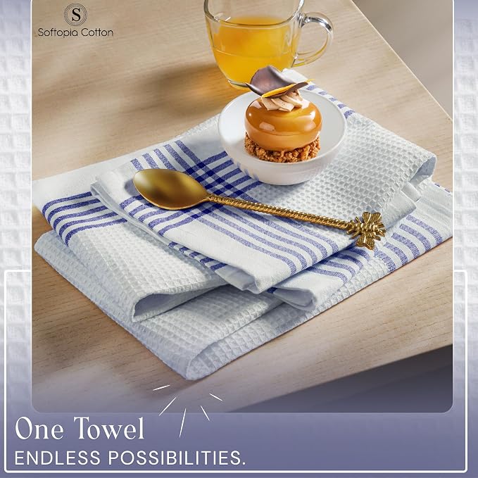 Waffle White & Indigo Blue Kitchen Towels 4 Pack, 100% Cotton, 16x26 inches, Premium Dish Towel, Long Lasting Bar Mop Cloths, Perfect for Drying Dishes, Cooking and Cleanup