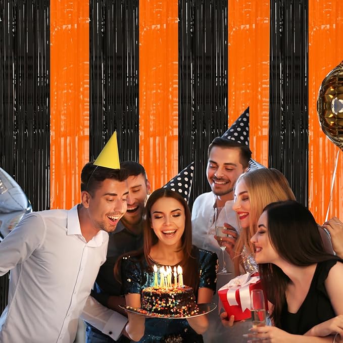 2 Pack Black and Orange Tinsel Foil Fringe Curtain, 3.2Ftx8.2Ft Halloween Backdrop Curtains Photo Booth Props Streamers Christmas Birthday Party Anniversary Wedding Retirement Decorations