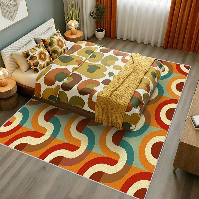 70s Retro Rug 7x9 Checkboard Striped Groovy Pop Pattern Area Rugs for Living Room, Bedroom, 70s Retro Home Decor Accessories Indoor Carpet, Non Slip & Machine Washable, GD0360