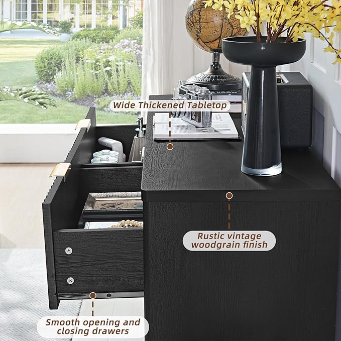 LEYAOYAO Fluted 6 Drawers Dresser Set of 2, 48" Wide Modern Chest of Drawers with Woodgrain Top, Curved Profile Design, Dresser TV Stand, Wooden Drawer Organizer for Bedroom, Living Room,Black