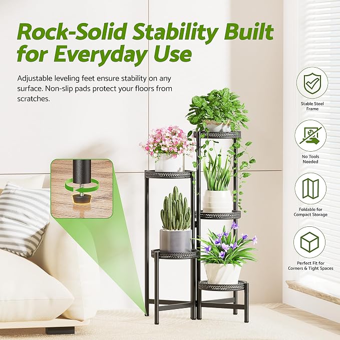 5 Tiered Tall Plant Stand Indoor Outdoor, Metral Plant Shelf for Corner Display Rack, Multi-Tier Folding Planter Pot Holder Flower Stand for Living Room Balcony Garden Patio - BlackS