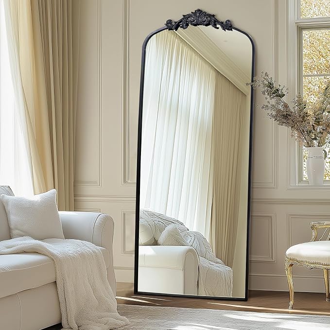 71" x 30" Black Arch Full Length Mirror, Gothic Ornate Baroque Floor Mirror with Decorative Crown, Large Arched Wall Mounted Dressing Mirror for Bedroom, Living Room, Entryway
