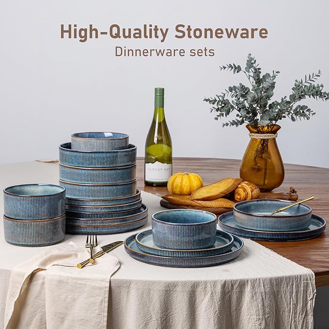 GBHOME 18-Piece Stoneware Dinnerware Set for 6 – Ribbed Ceramic Plates and Bowls, Scratch-Resistant, Microwave & Dishwasher Safe, Reactive Glaze, Ceylon Blue